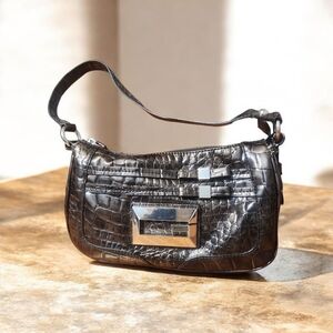 Stylish Black Metalic Croc-Embossed Shoulder Bag